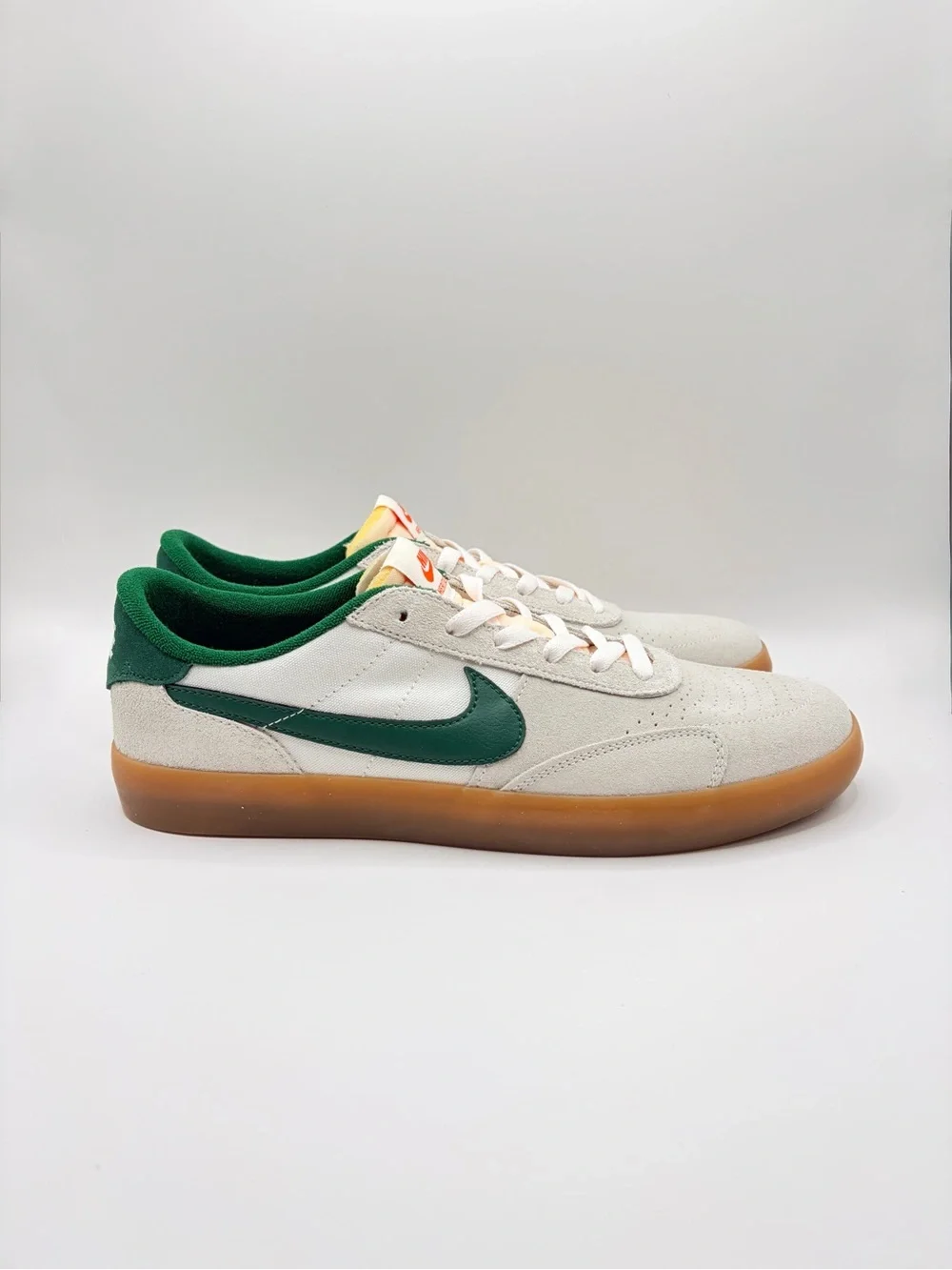 Nike Men’s White Suede Sneakers with Green Swoosh and Gum Sole